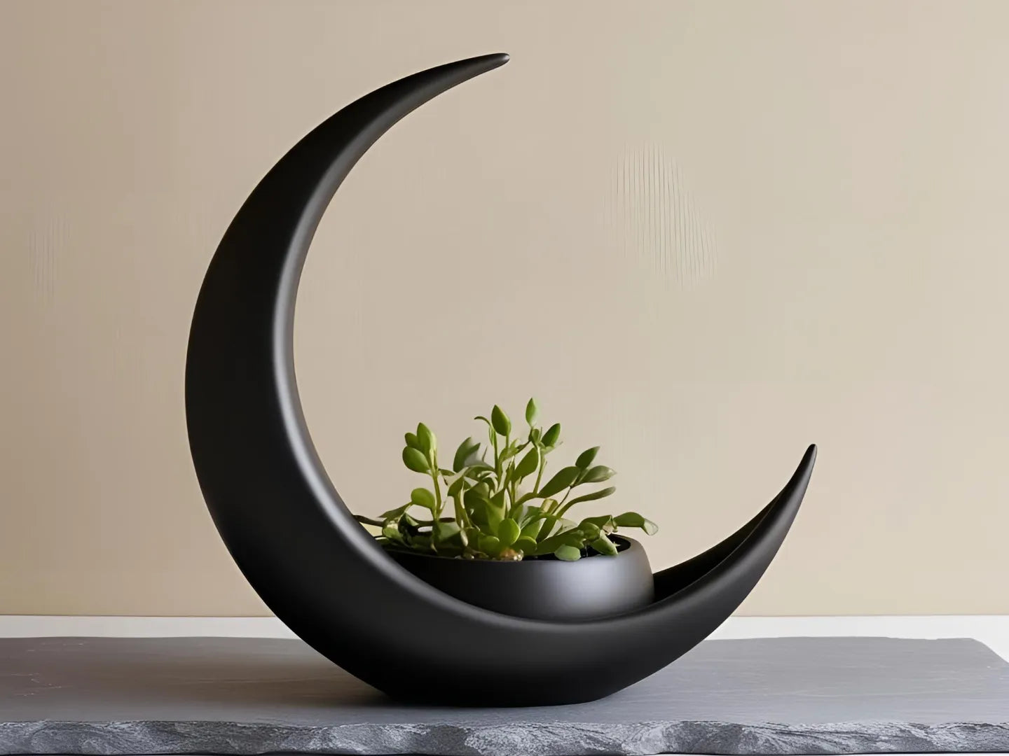 Décoration en forme de croissant de lune avec pot de plante elliptique